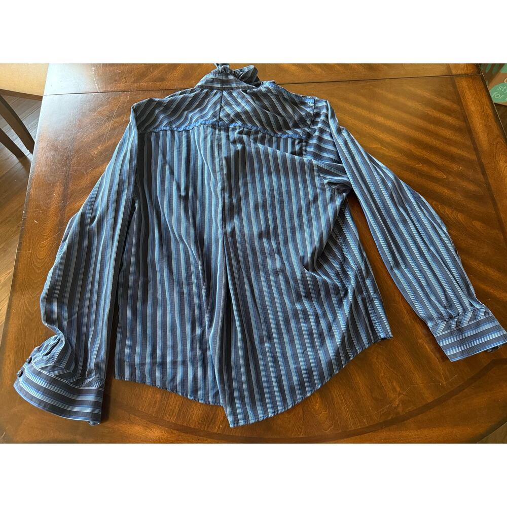 KJM Button Up Shirt Large Blue Striped Ruffle Preppy Workwear Office Business - Picture 2 of 7